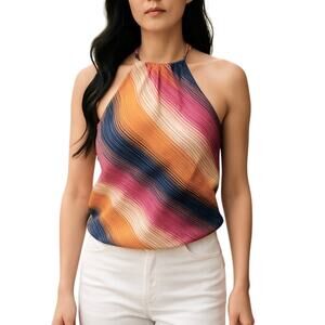 Trina Turk Multicolor Colorblock Striped Halter Backless Open Back Blouse Top S